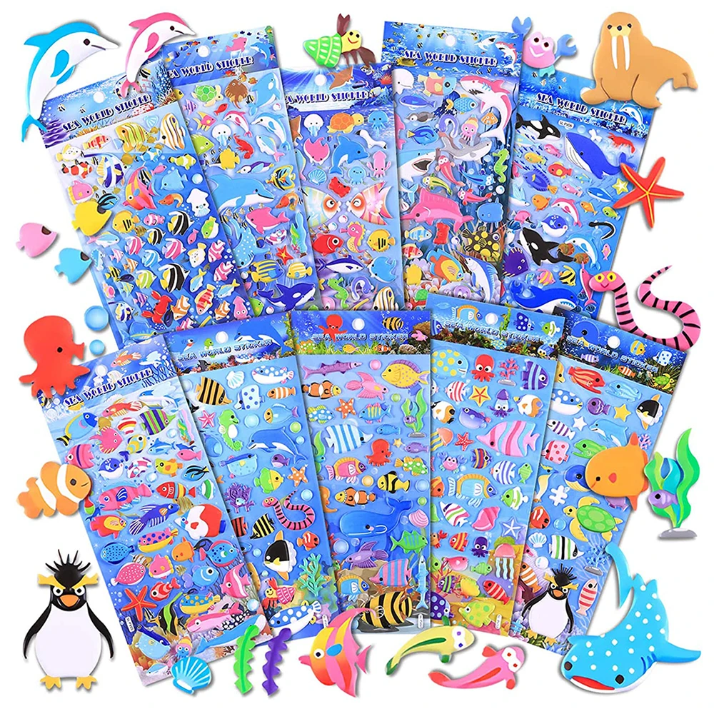 1 Sheet Kids Stickers Sea Animal 10 Different Sheets 3D Puffy Bulk Scrapbooking Sticker For Kids Boys Girls Gifts Reward Toys