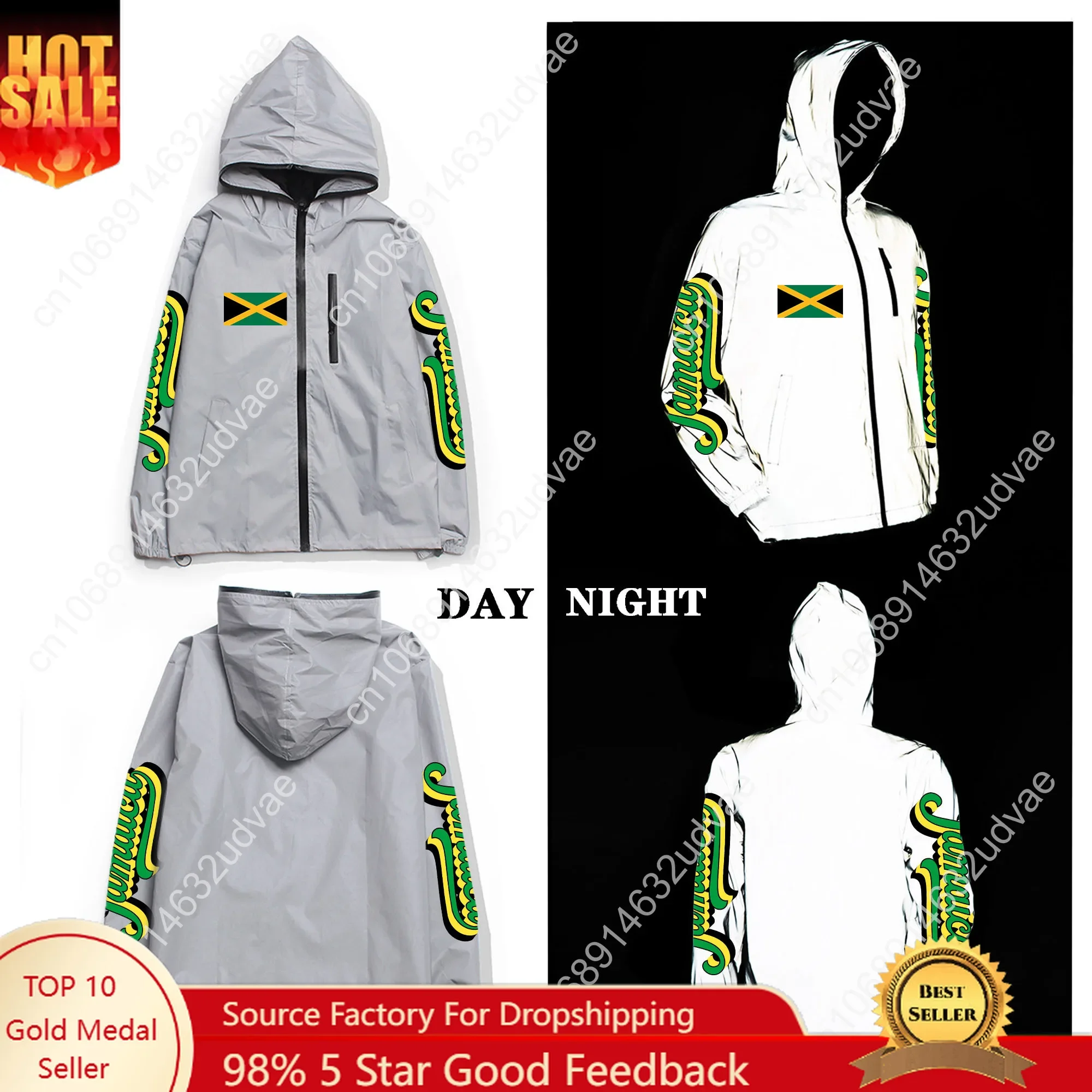 

Jamaican Flag Reflective Jacket Mens Womens Jamaica Coat Hooded Windbreaker Run Jackets Cycling Hiking Zipper Custom Hoodie