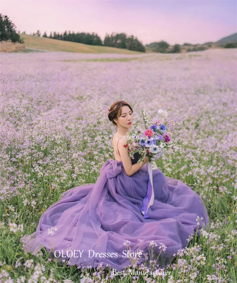 Oloey Elegante Lavendel Tule Lange Galajurken Korea Bruiloft Fotoshoot Spaghettibandjes Dromerige Tuin Backless Strik Avondjurk