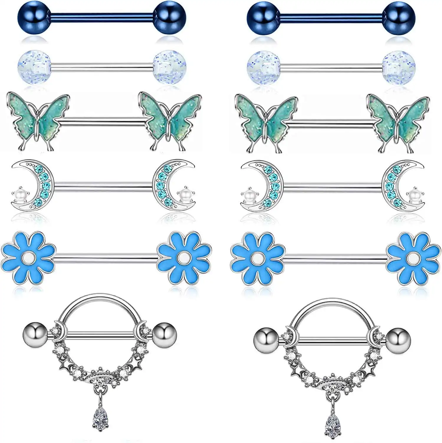 14G Nipple Rings for Women 316L Stainless Steel Heart Butterfly Moon CZ Flower Barbell Nipple Rings Set Cute Nipplerings