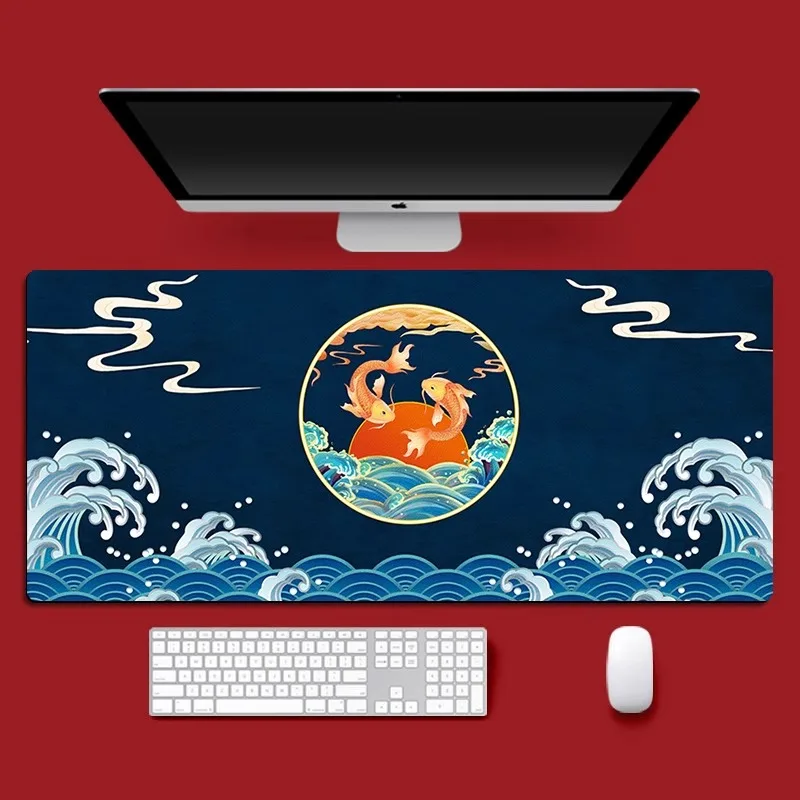 Japanese Desk Mat Green Gold Mousepad Koi Fish Sun Cloud Japan Art Seal Sunrise Dark Sunset Large XXL Mouse Pad Gaming Deskmat