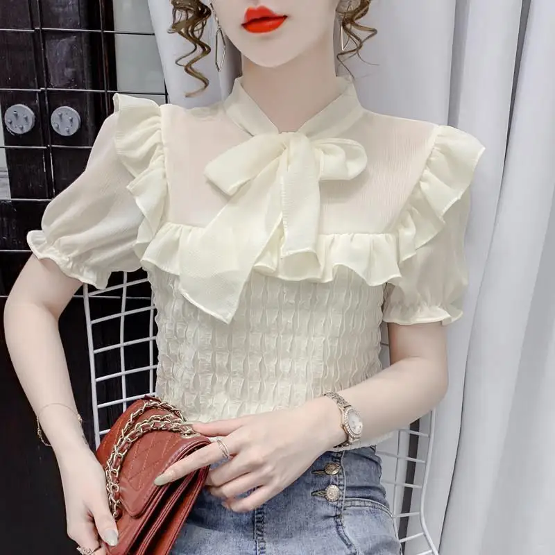 Sweet Bow Lacing Chiffon Blouse Summer New Short Sleeve Pleated Solid Color Elegant Shirt Tops Fashion Korean Women Clothing