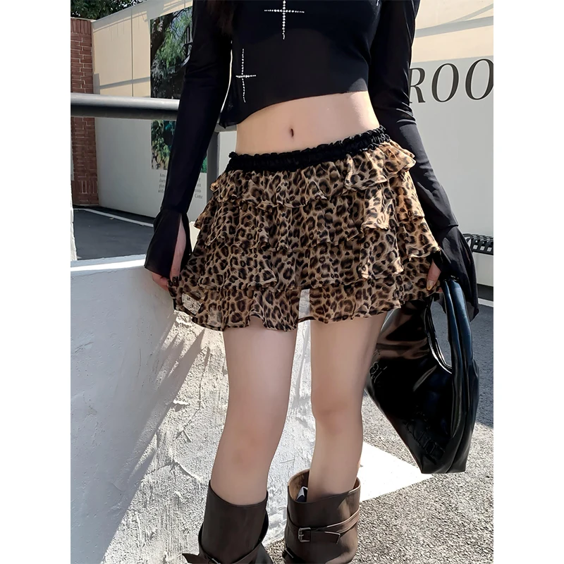 MEXZT Vintage Leopard Mini Skirt Women Y2K Ruffles Patchwork Mesh Skirts Summer Harajuku Streetwear High Waist A Line Faldas New