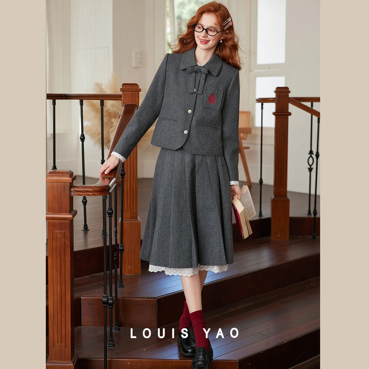 

Louis Yao Color Block Patchwork Lace Trim Midi Skirt 2025 Winter Sweet Lace A-line Skirt Youthful Women's Long Pleated Skirt