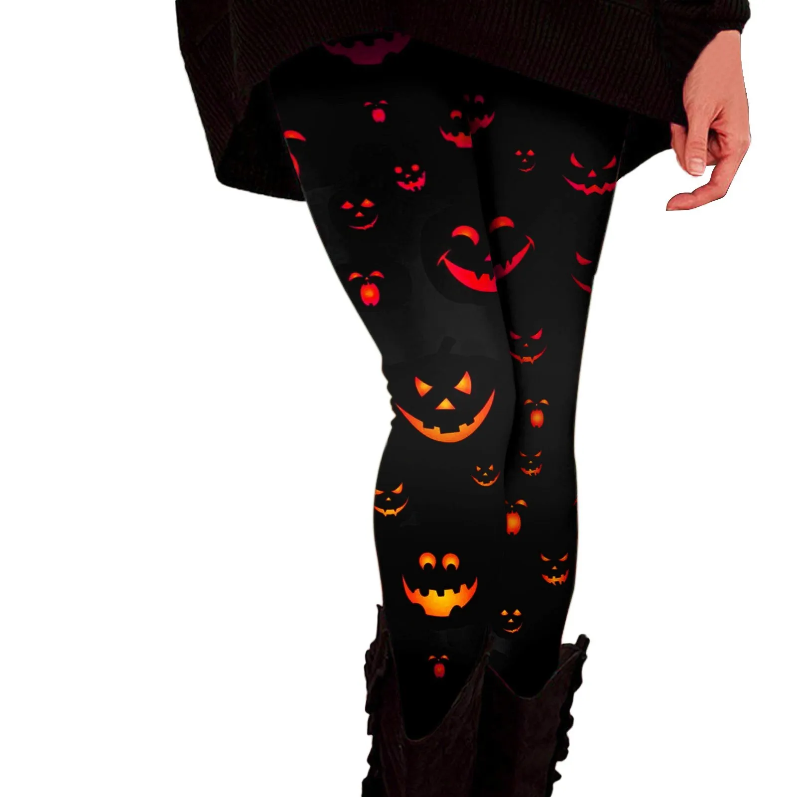 Womens Halloween Theme Casual Comfort Pants Pumpkin Head And Skull Printed High Waist Warm Slimming Smooth Leggings Long Pants