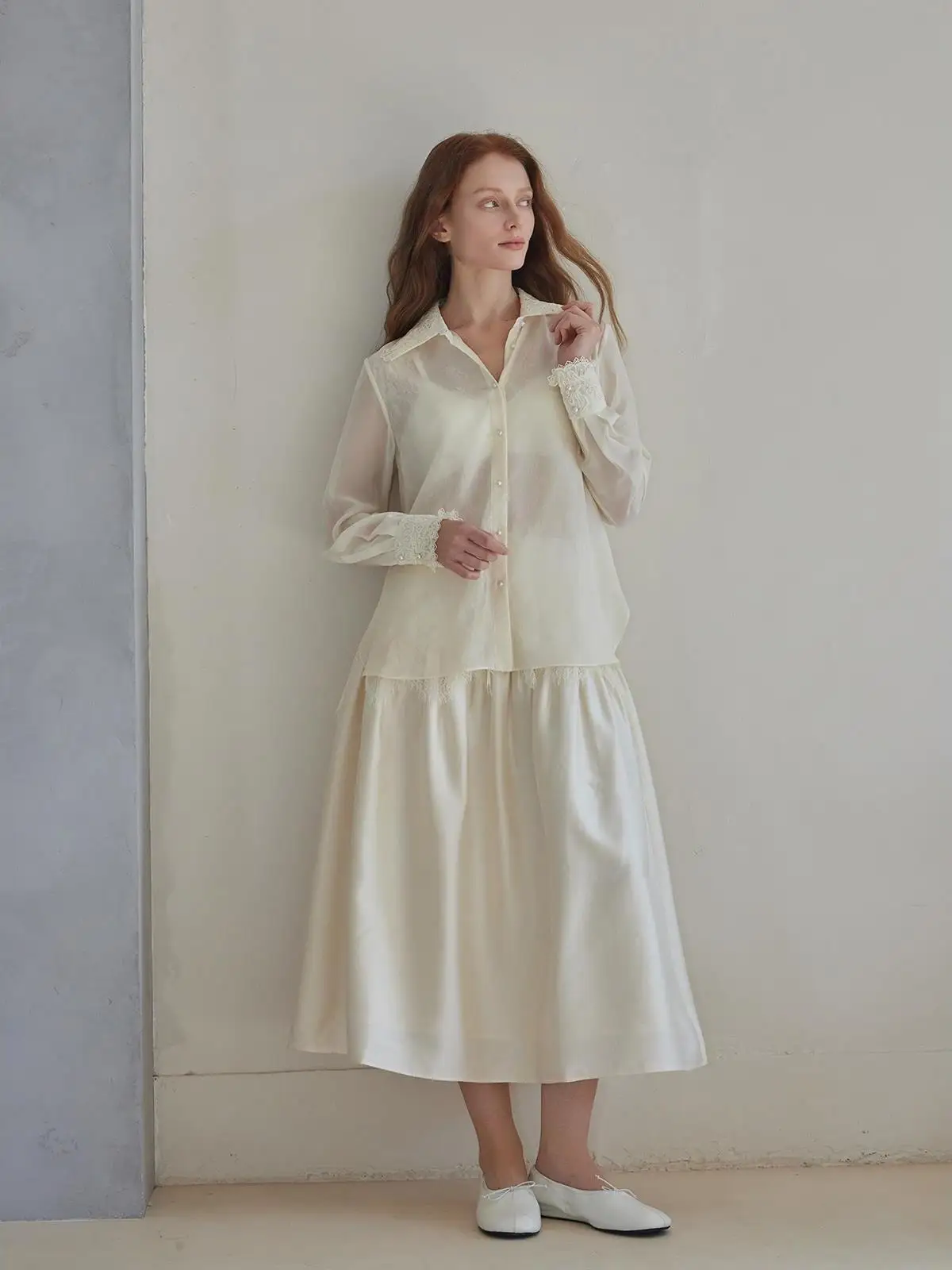 

Elegant Long Sleeve Women's Silk Shirt Lace Trim See through Comfortable Theease Premium Quality Collar Button up Top