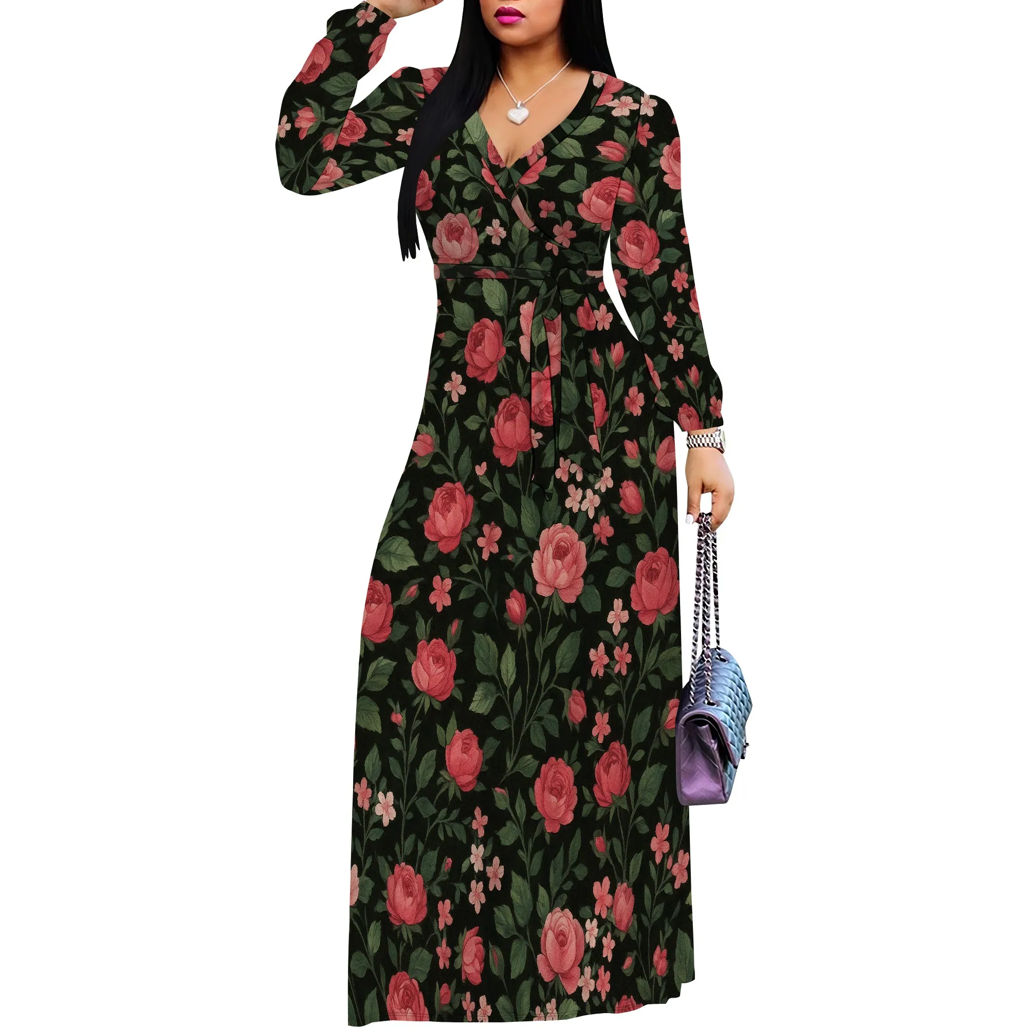 Abiti lunghi da donna con stampa floreale estivi con tasche Abito lungo casual con maniche 3/4 con scollo a V e cravatta in vita, M-3XL