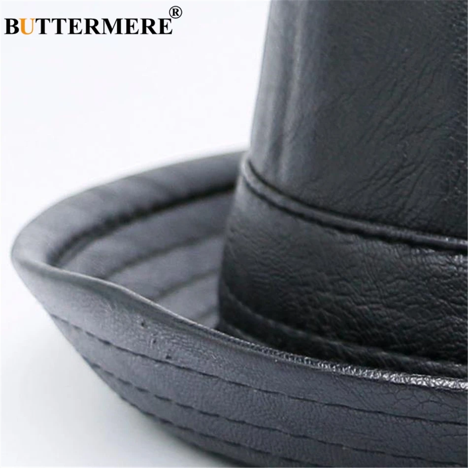 BUTTERMERE Men Black Leather Trilby Hat Male Fedora Cap Retro Women Autumn Brand Porkpie Hat Men\'s Vintage Jazz Hats