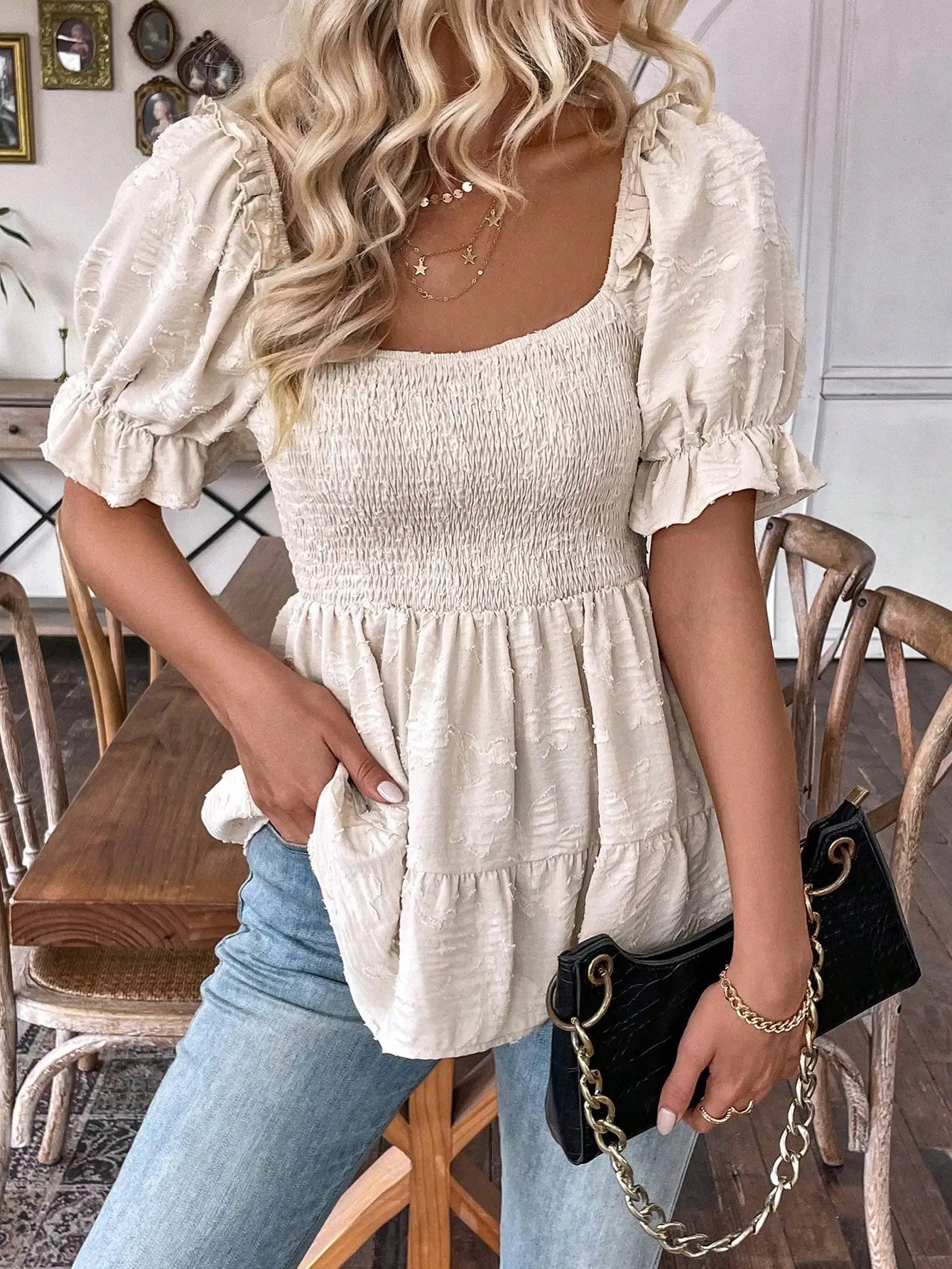 

Puff Sleeve Smocked Waist Peplum Blouse For Women