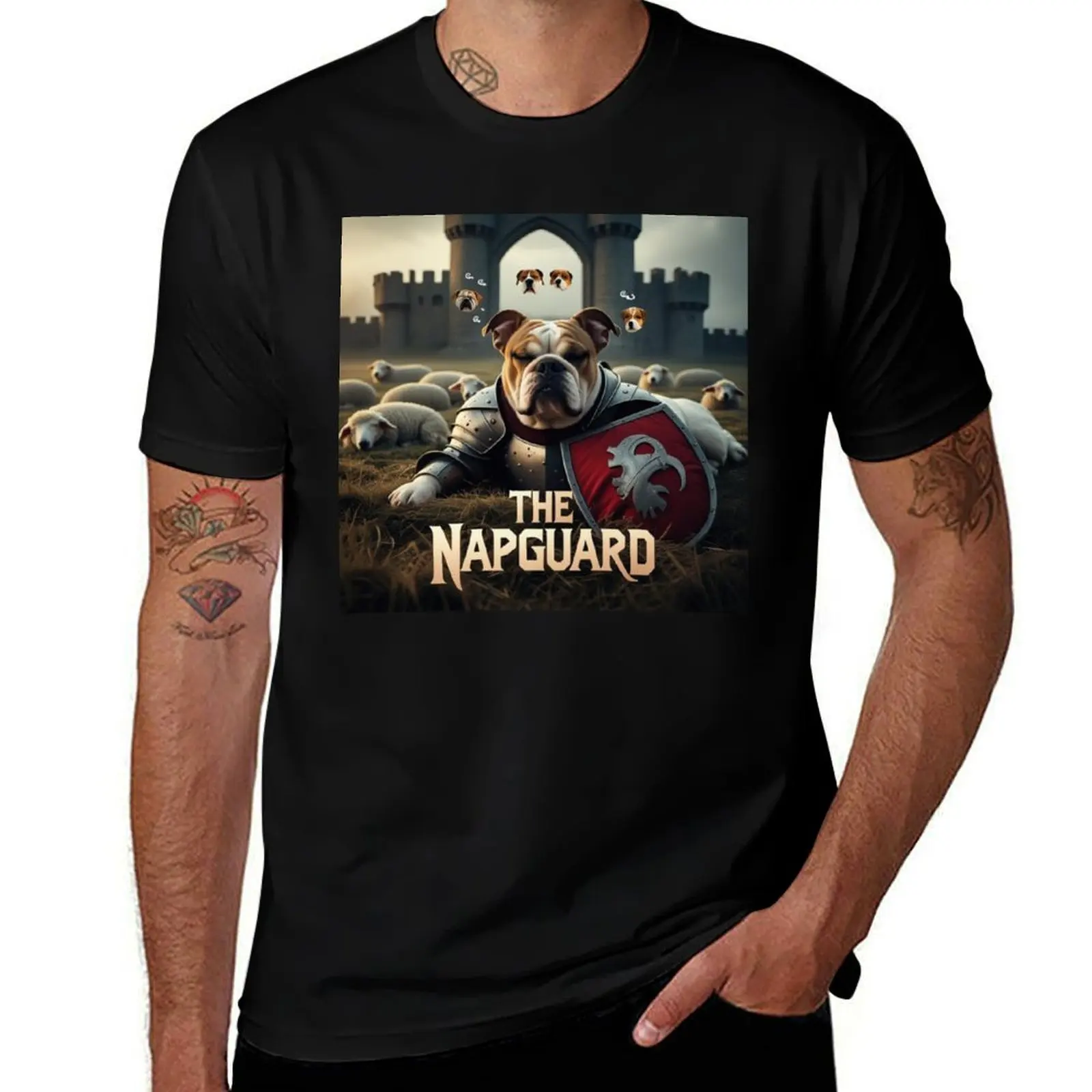 

The Napguard – Lazy Bulldog Knight Fantasy Art in Medieval Mist T-Shirt Aesthetic clothing man clothes boys whites mens t shirts