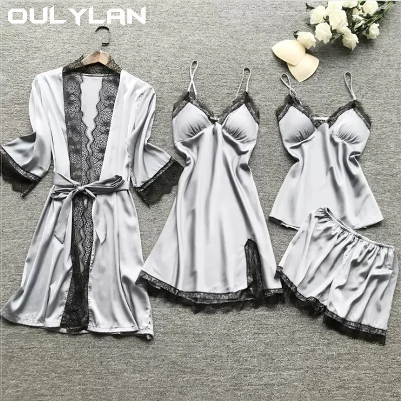 Pajamas Women's pajamas set Lace pajamas underwear Sexy underwear dress Garter 4PCS Korean pajamas silk dress