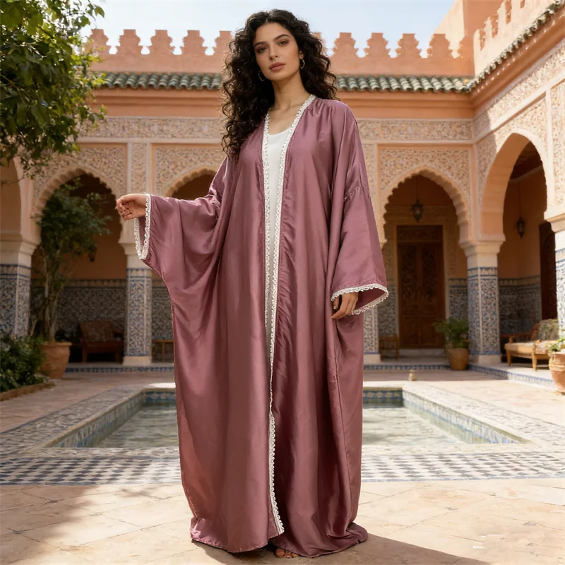 

Ramadan Batwing Abayas Dubai Lace Satin Kimono Muslim Dress for Women Robe Turkey Kaftan Caftan Marocain Femme Kebaya Jalabiya