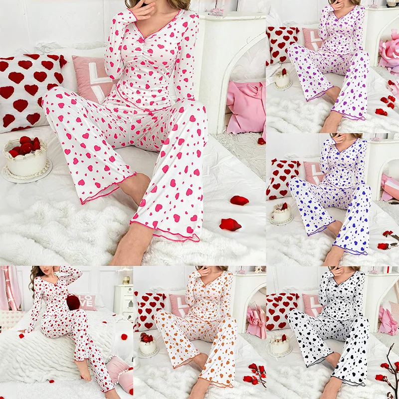 

Autumn Pajamas Set Women Home Loungewear V-Neck Long Sleeve Top Pants Suit Sleepwear Elasticity Outdoor Clothes Nigh