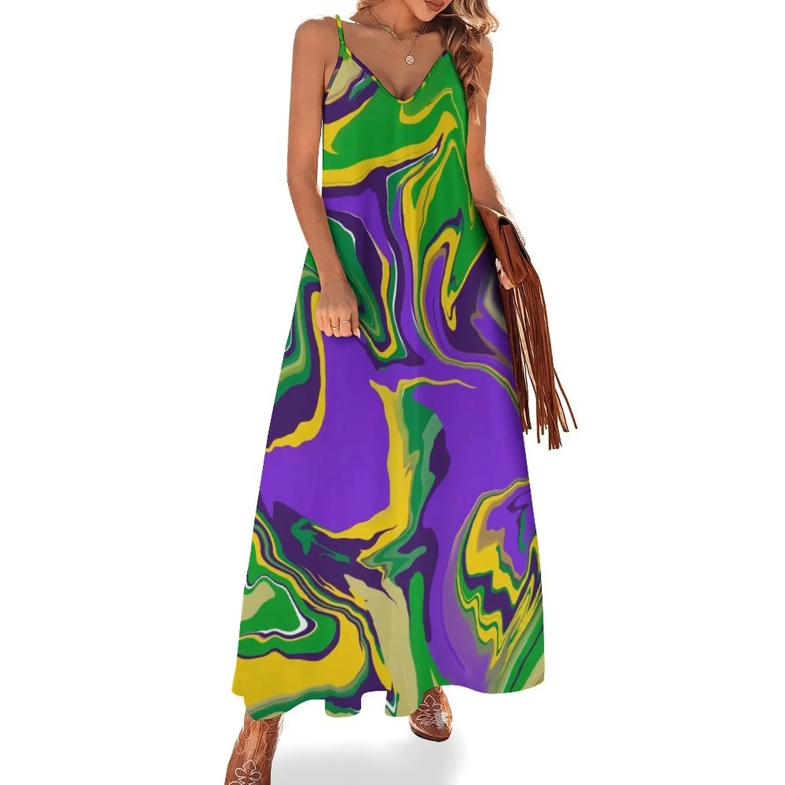 

Mardi Gras Marble Swirl Pattern Sleeveless Dress dress summer dresses for women 2024