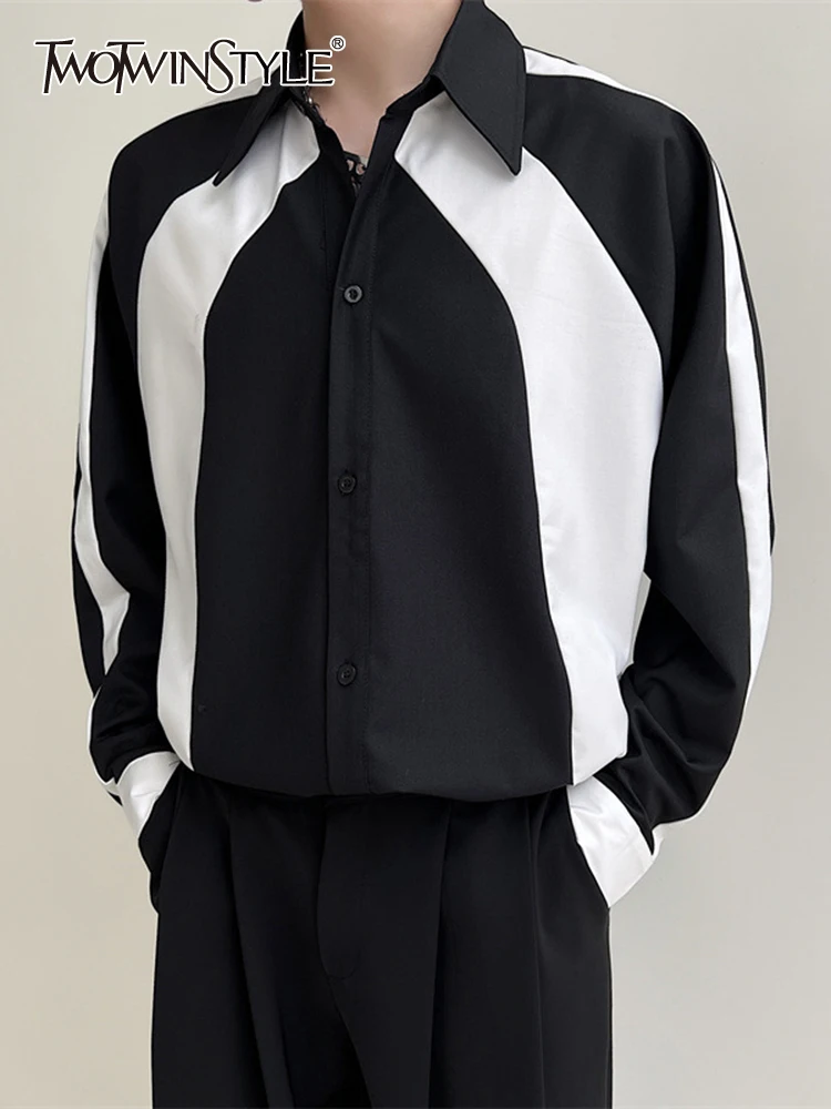 

TWOTWINSTYLE Hit Color Summer Shirts For Women Lapel Long Sleeve Patchwork Single Breasted Loose Blouse Female Fashion Clothing