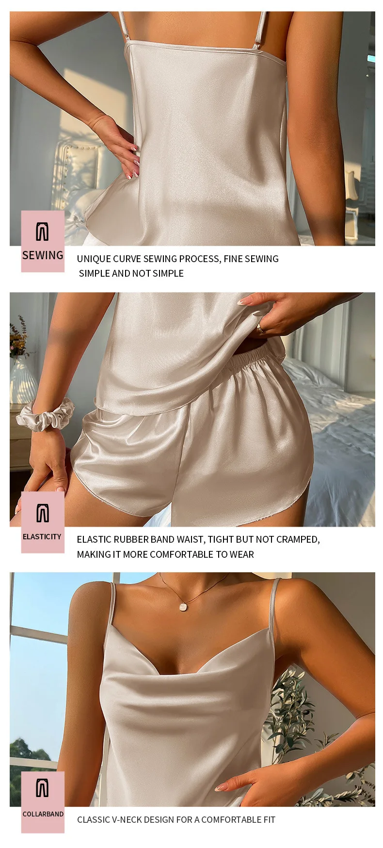 Sling Satin Seide Pyjama Set Anzug T-Shirt Pj Set Zweiteilige weiche Nachtwäsche Loungewear rückenfreie Dessous Pjs Cami Top und Shorts – Detail 10