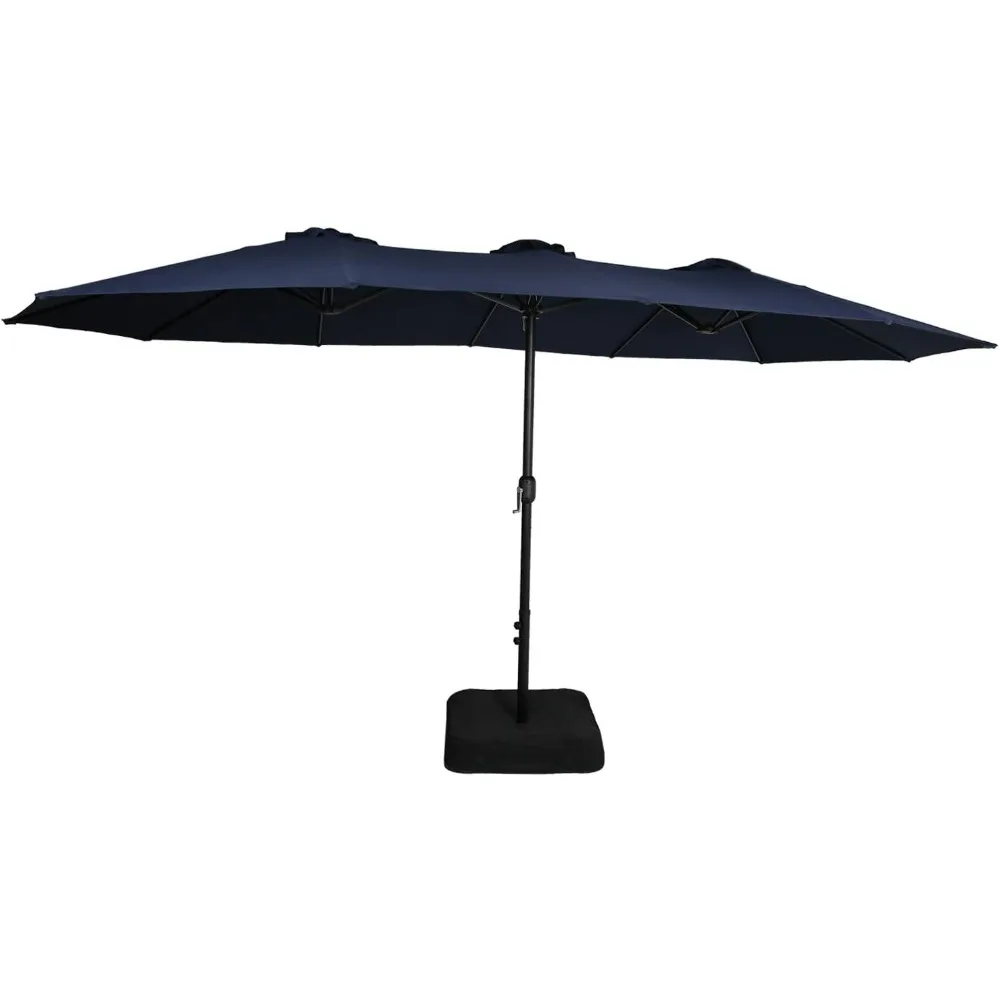 

navy blue 15-foot double-sided crank patio umbrella with included base for outdoor markets