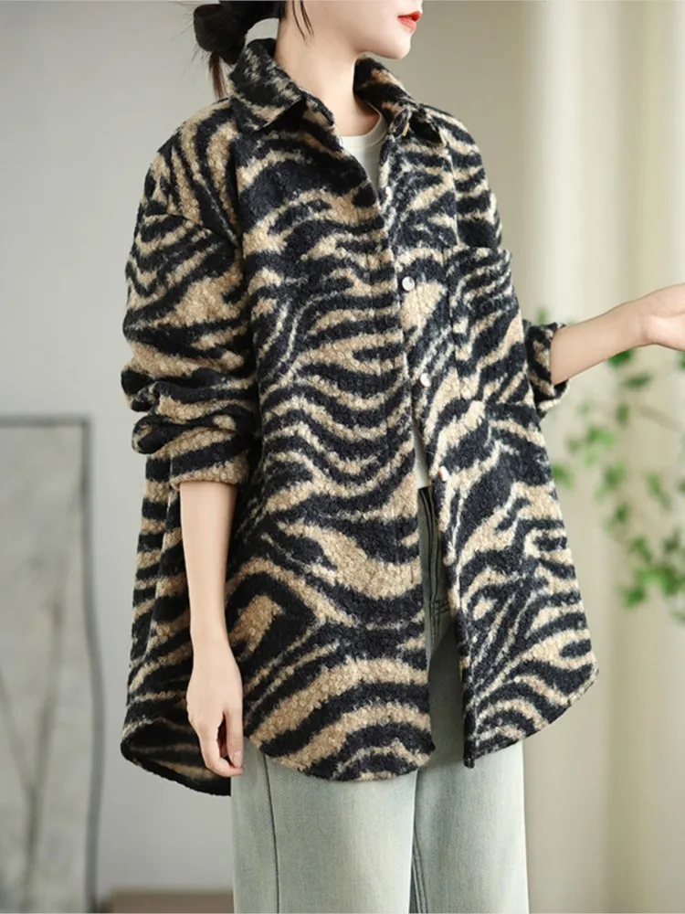 Oversized Autumn Winter Shirts Coat Women Striped Print Fashion Irregular Pleated Ladies Jackets Casual Loose Woman Coats