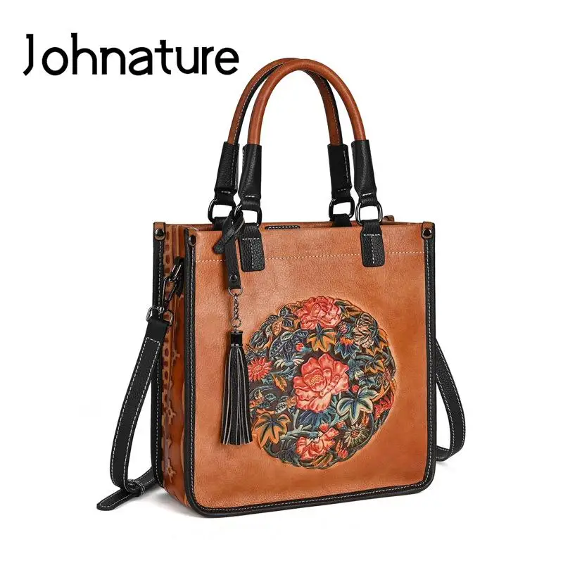 Borsa da donna in vera pelle goffrata retrò stile cinese Johnature 2024 nuove borse a tracolla versatili in vera pelle bovina di grande capacità