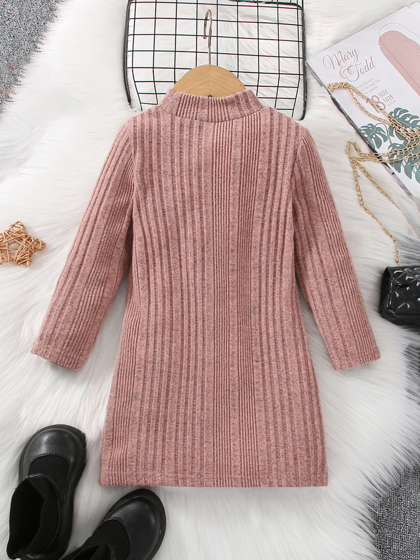 Autumn and winter girls\' long sleeved round neck solid color pit stripe casual fashion cute knitted dress