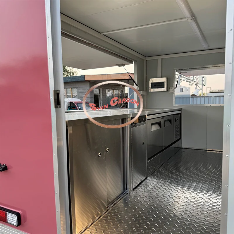 مقطورة طعام متنقلة من الألياف الزجاجية مصنوعة من الفولاذ المقاوم للصدأ، شاحنة تقديم الطعام مجهزة بالكامل لشركة الامتياز