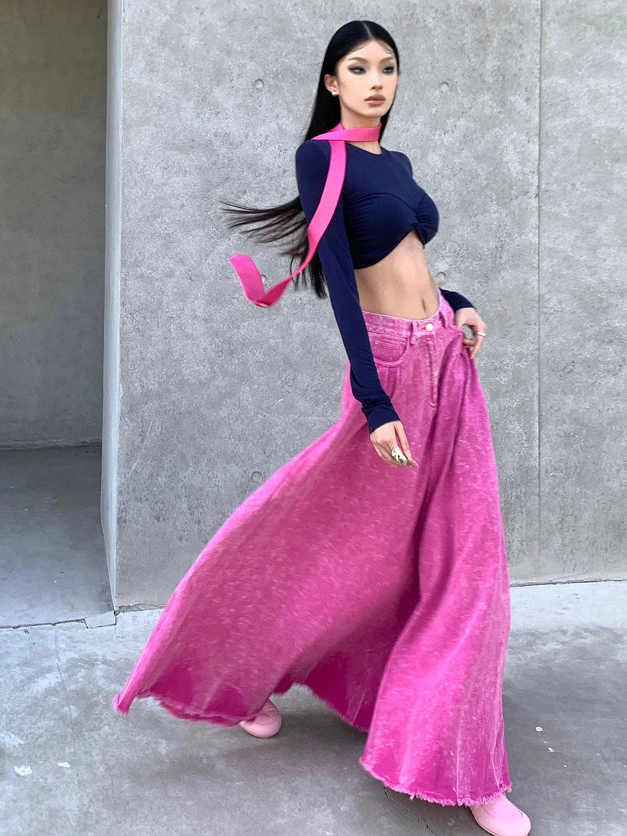 REDDACHiC Y2k Women Pleated Denim Maxi Skirt Pink Tie Dye High Waist Tall Girl Floor Long Jeans Skirt Korean Dongdaemun Clothing