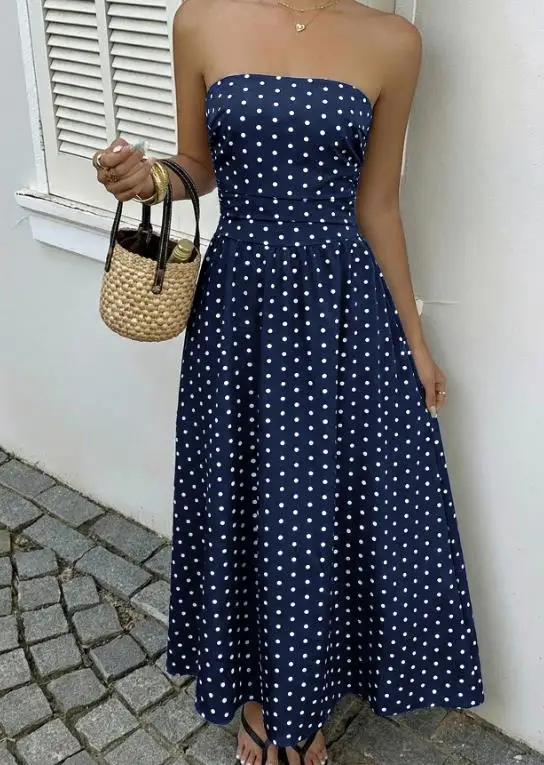 

Classic Style Women Dresses 2026 Summer New Fashion Date Party Elegant Vintage Long Dress Sleeveless Strapless Polka Dot Dress