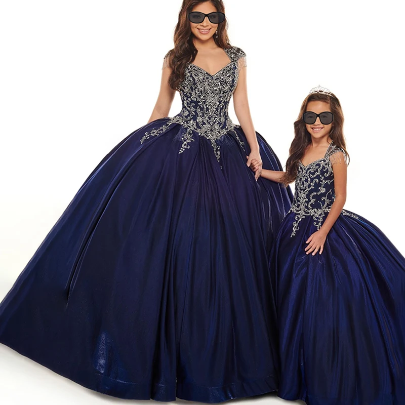 Vestido De fiesta De Organza azul marino para quinceañera, con cuentas brillantes, 15 años, 2021