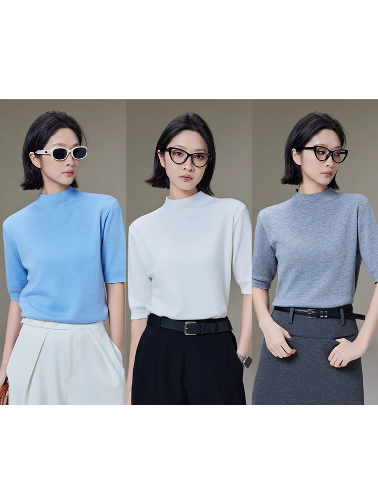 

MeiYang трикотаж из смесовой шерсти, простой высокий воротник, скользящий крой, прямой крой, для поездок на работу, полиэфирное волокно ort Sve, лето