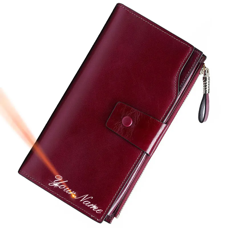 New RFID Women Long Wallets Genuine Cow Leather Name Engraving Zipper Coin Pocket Female Wallet ID Card Holder Women Purse