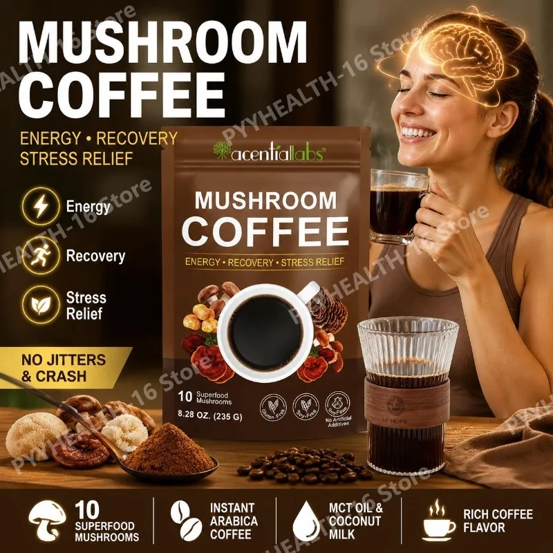 Acentiallabs 10 Mushroom Caffeine Powder with Lion's Mane, Reishi,Chaga,Cordyceps, Arabica Caffeine,Daily Wellness Support, 235g
