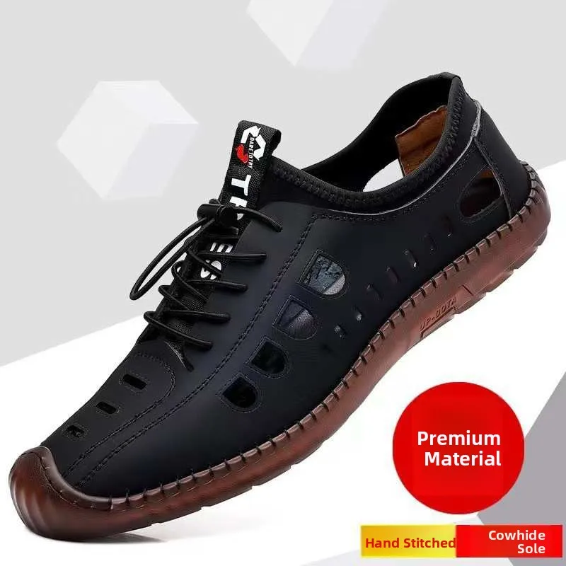 

Casual Summer Men's Sandals Perforated Breathable Slip-On oes Leather Uppers Spor Leisure Sle Flat Heel Color- Footwear