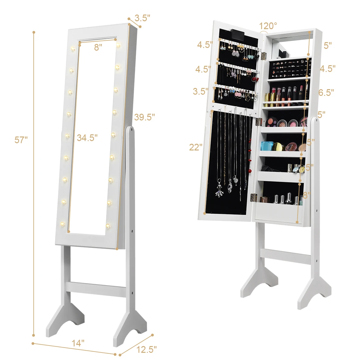 Free Standing Mirrored Jewelry Cabinet Armoire Organizer w/ 18 LED Lights White