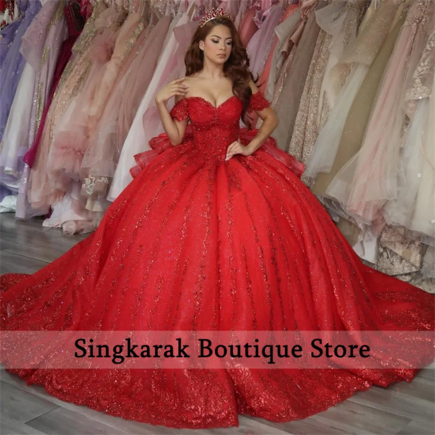 

Customized Red Ball Gowns Quinceanera Dresses Luxury Appliques Beading Crystals Corset Sweet 16 Dress Vestidos De 15 Anos