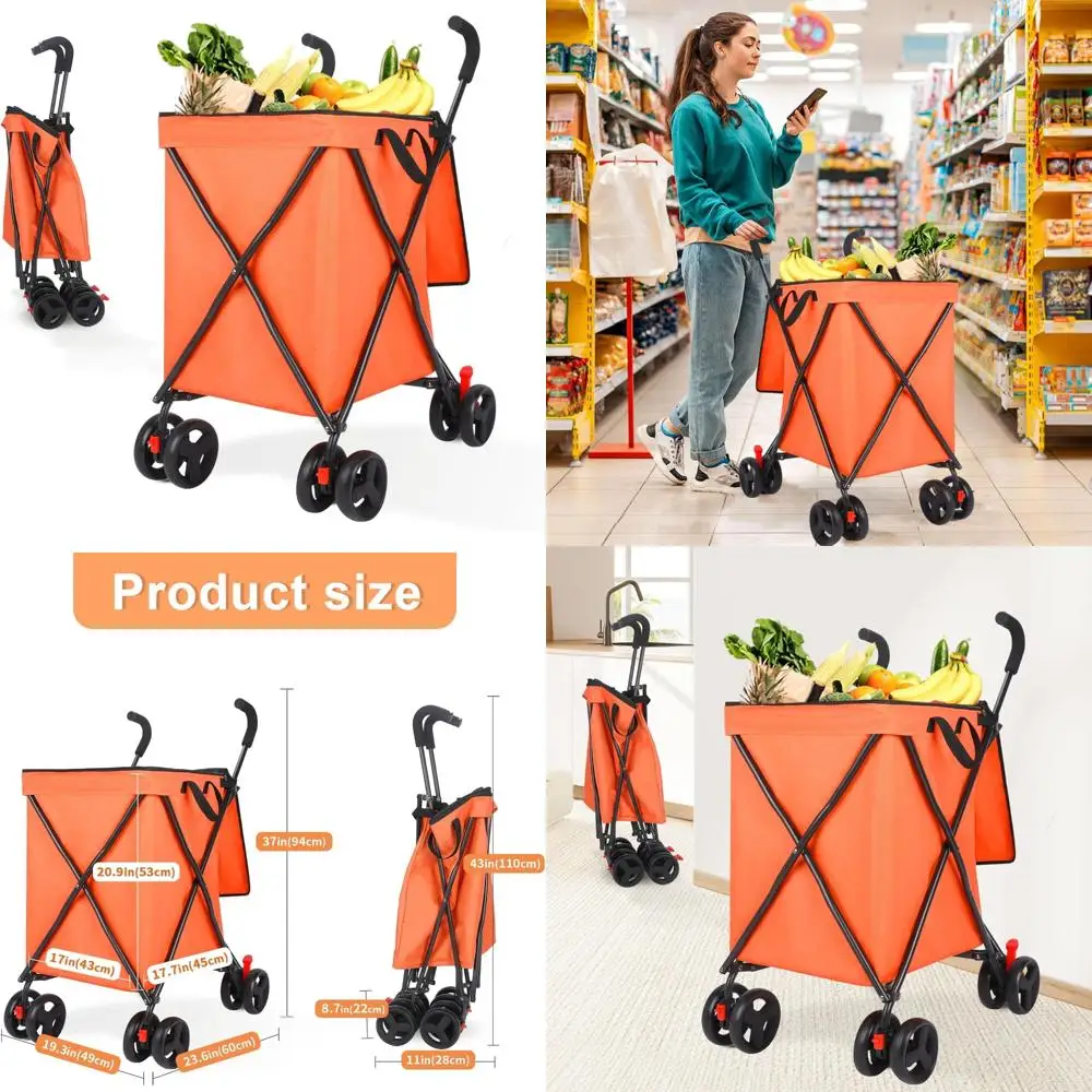 shopping cart with 360° rolling swivel wheels, portable utility cart for grocery, folding shopping carts with waterproof basket