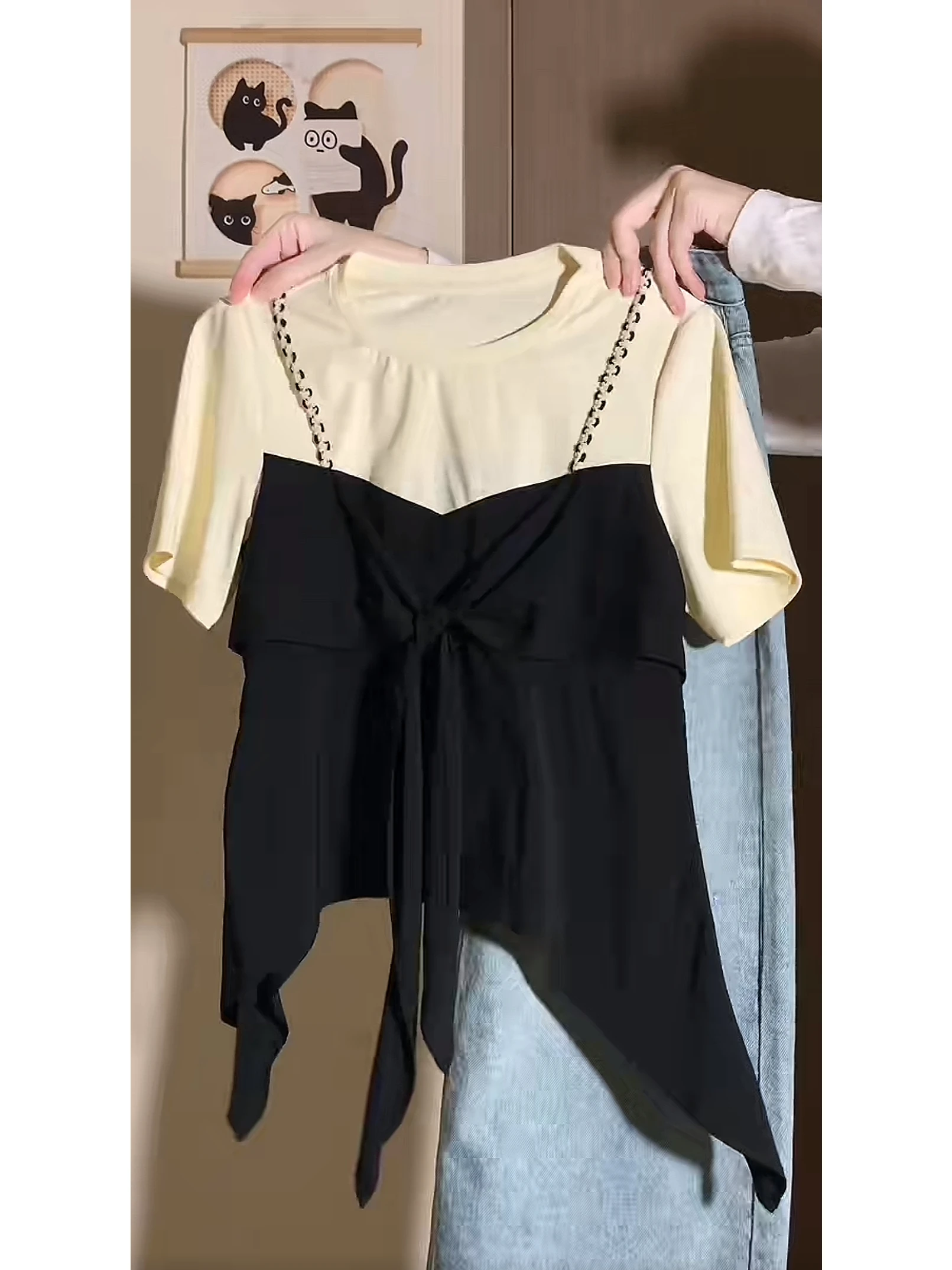 تي شيرت نسائي صيفي بأكمام قصيرة بتصميم قطعتين وهمي، مقاس كبير، يغطي البطن ويمنح مظهراً نحيفاً، مناسب للارتداء اليومي