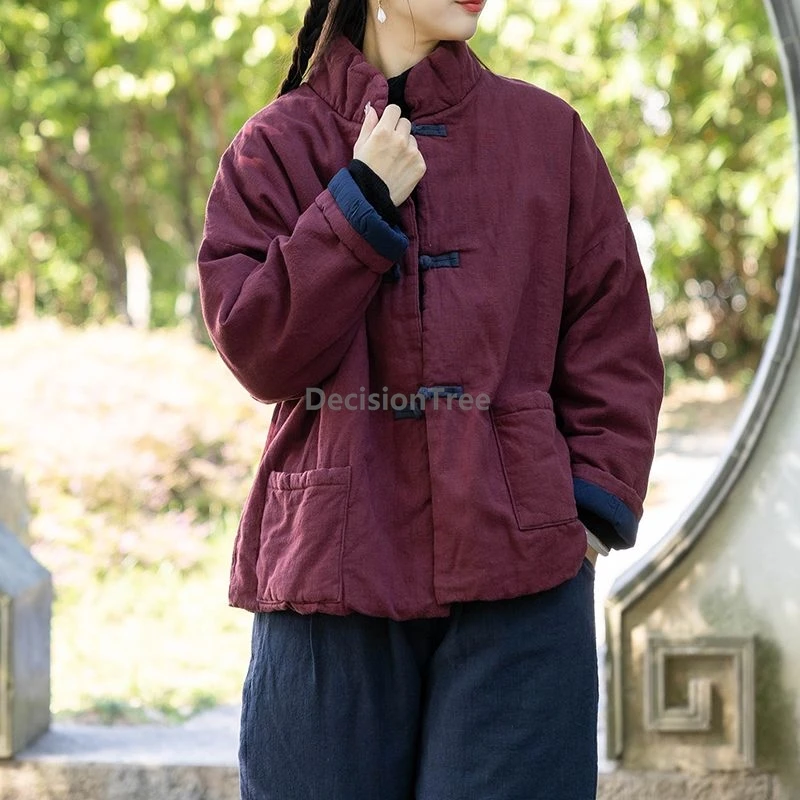 

2025 new chinese style retro thicken winter cotton garment loose zen women's clothing quilted disc buckle cotton linen coat