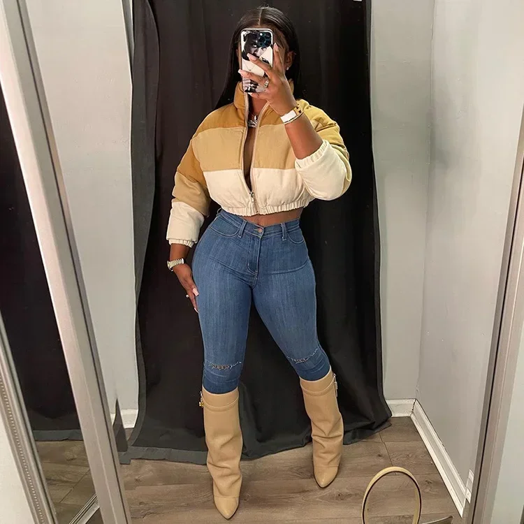 

Women Patchwork Zipper Fly Long Sleeve Down Coat Winter Keep Warm Streetwear Parkas Outcoat Jackets