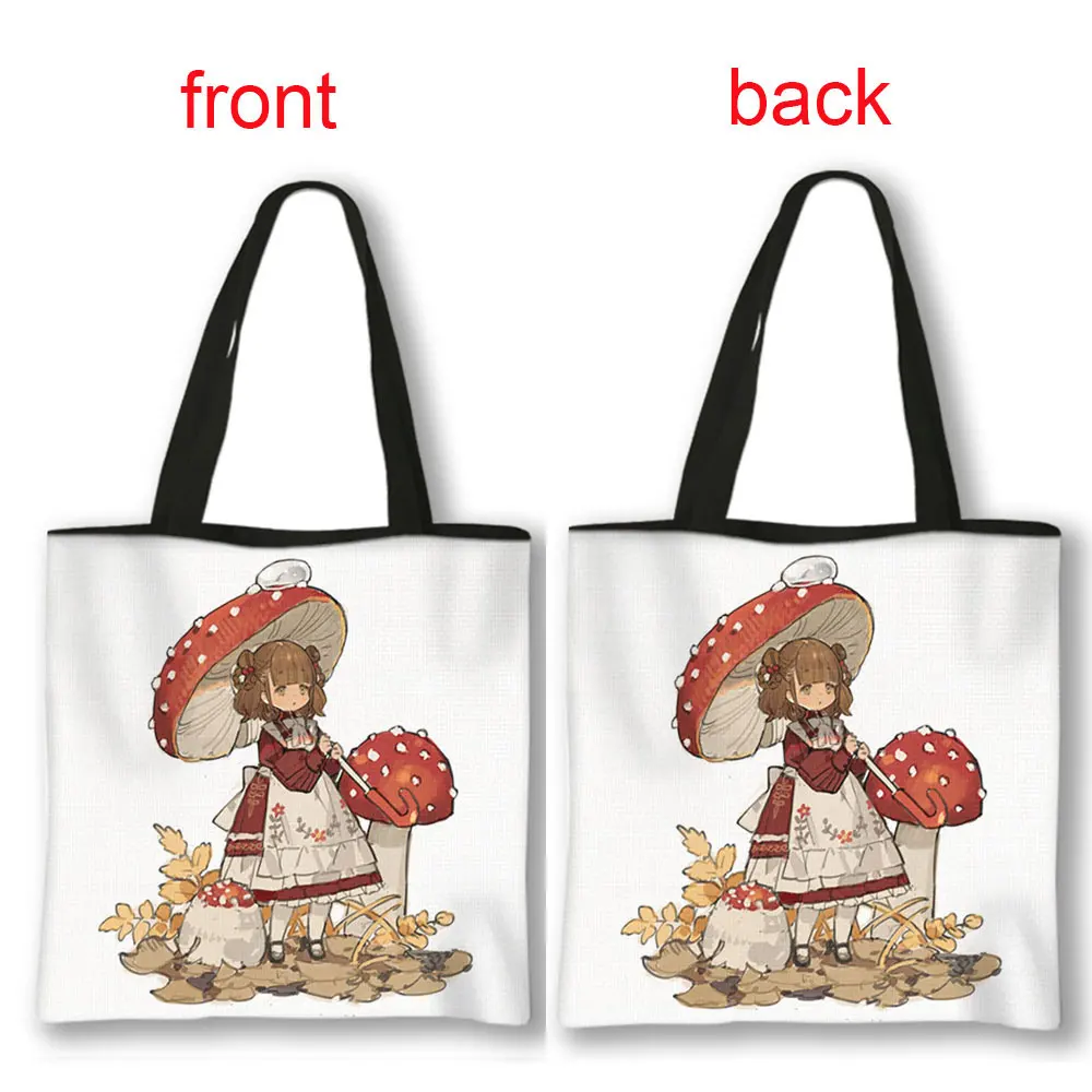 Classic Mushroom Herbology Handbag Harajuku Kawaii Cartoon Comic Girl Letter Print Shopping Bags Reusable Canvas Tote Bag Gift