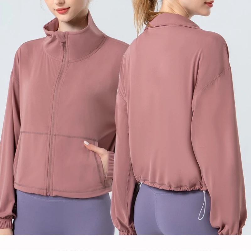 

Осенняя спортивная одежда с длинными рукавами и воротником-стойкой, свободные ветрозащитные спортивные куртки, топы для йоги, бега и велоспорта, одежда для тренировок для женщин