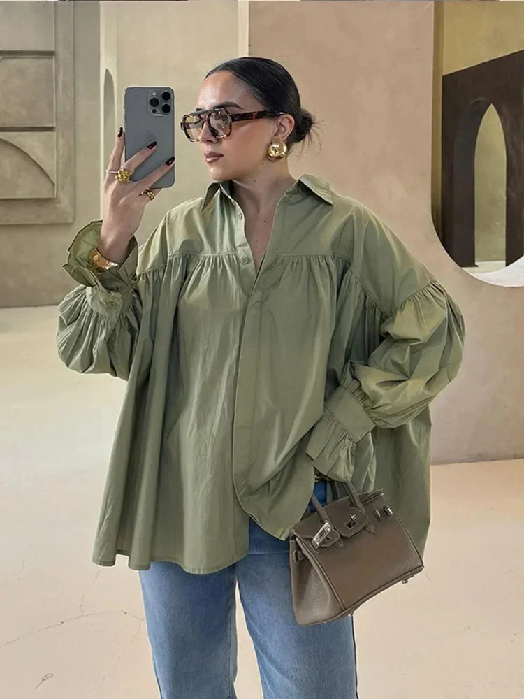 

Fashion Women's Loose Shirts Long Bell-Bottomed Sleeve Pleated Button Turn-Down Collar Lady Blouse new Spring Summer Female Top