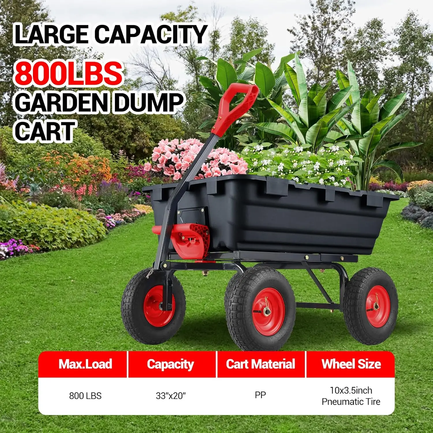 

900 Lb Poly Garden Dump Cart,Utility Garden Wagon Pullable on Wheels with 10-Inch All-Terrain Tyres, 180° Rotating Handle
