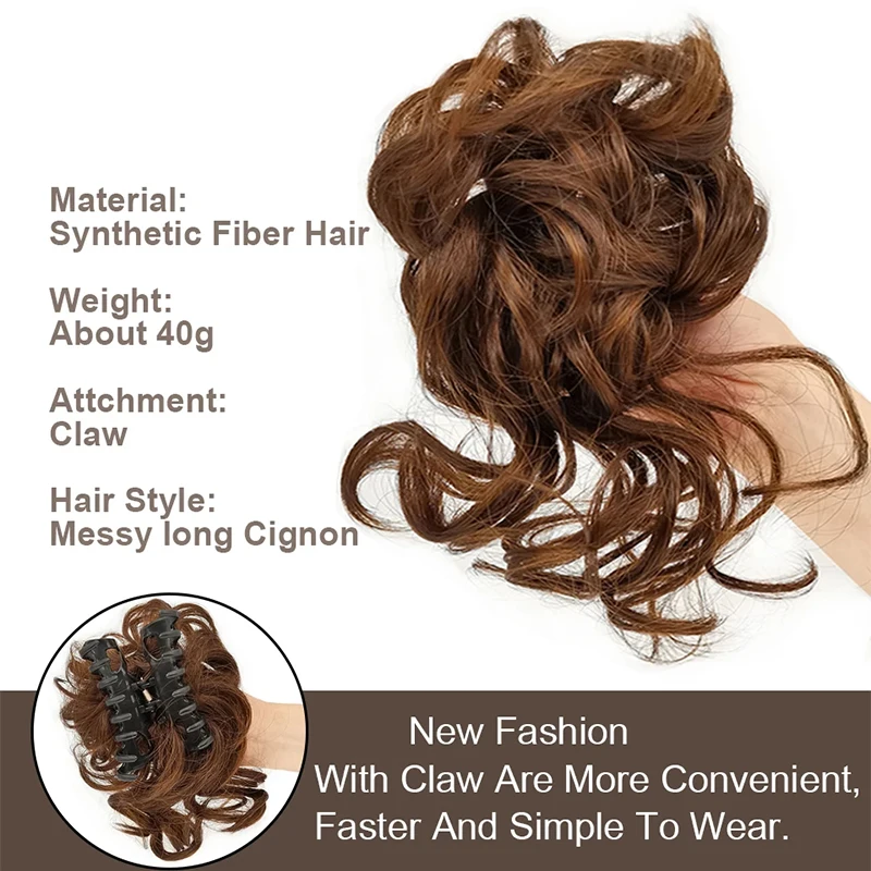 Messy Bun Hair Piece Claw Clip in Straight Hair Bun Synthetic Wavy Curly Chignon Ponytail Extension for Women Fake Pony