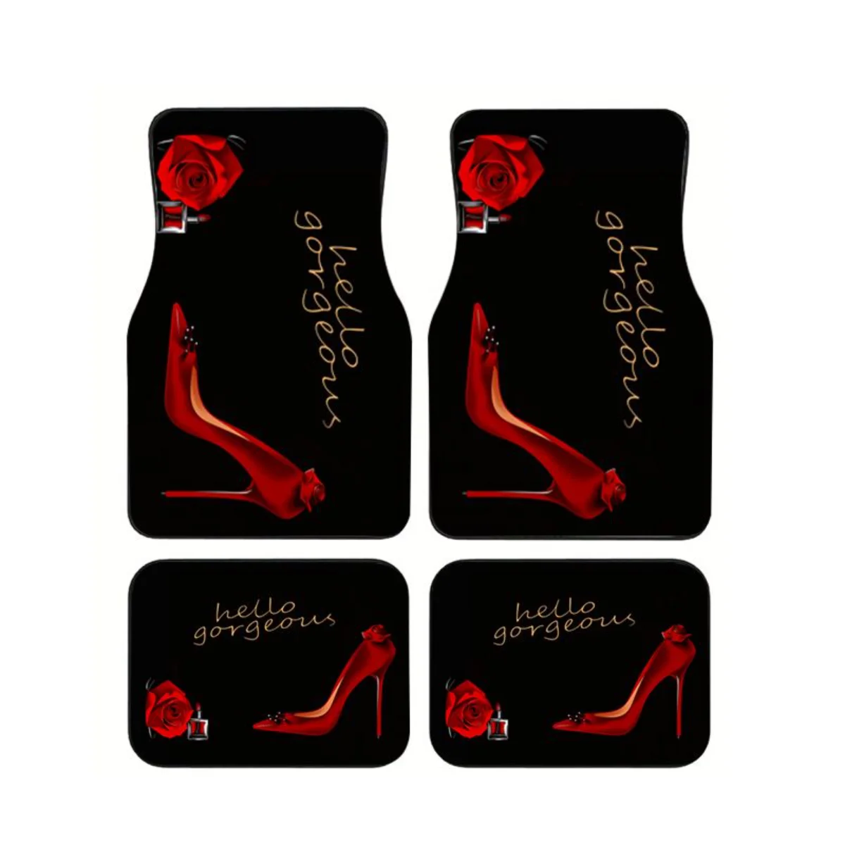 

4Pcs Red Rose High-heeled Shoes Print Car Floor Mats Anti-slip Waterproof Universal Auto Foot Carpets Car Interior Accessories