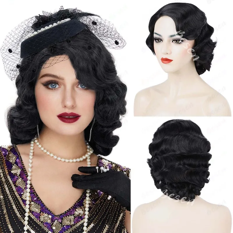 Peluca Flapper de los años 20 para mujer, peluca sintética de longitud media con ondas de dedo Retro, pelo rizado negro, dorado y marrón, accesorios para disfraz de fiesta de Halloween