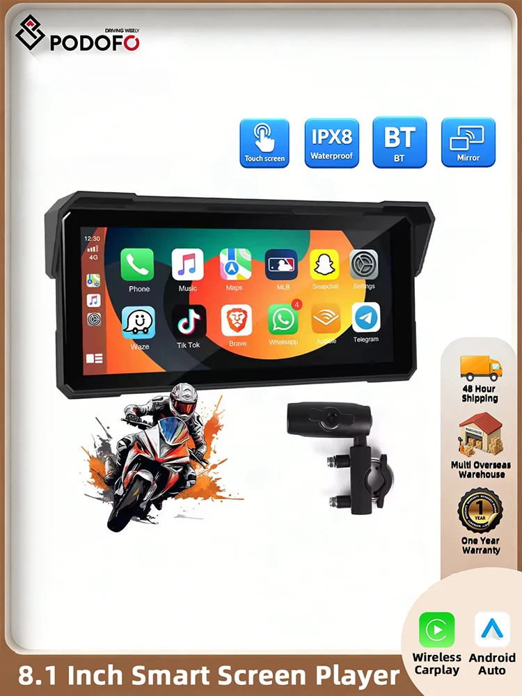 Podofo 8.1'' Draadloze Carplay Android Auto Motorfietsmonitor GPS Navigatie Android ast EQ BT Motorfiets Speler IP68 Waterdicht - afbeelding 2