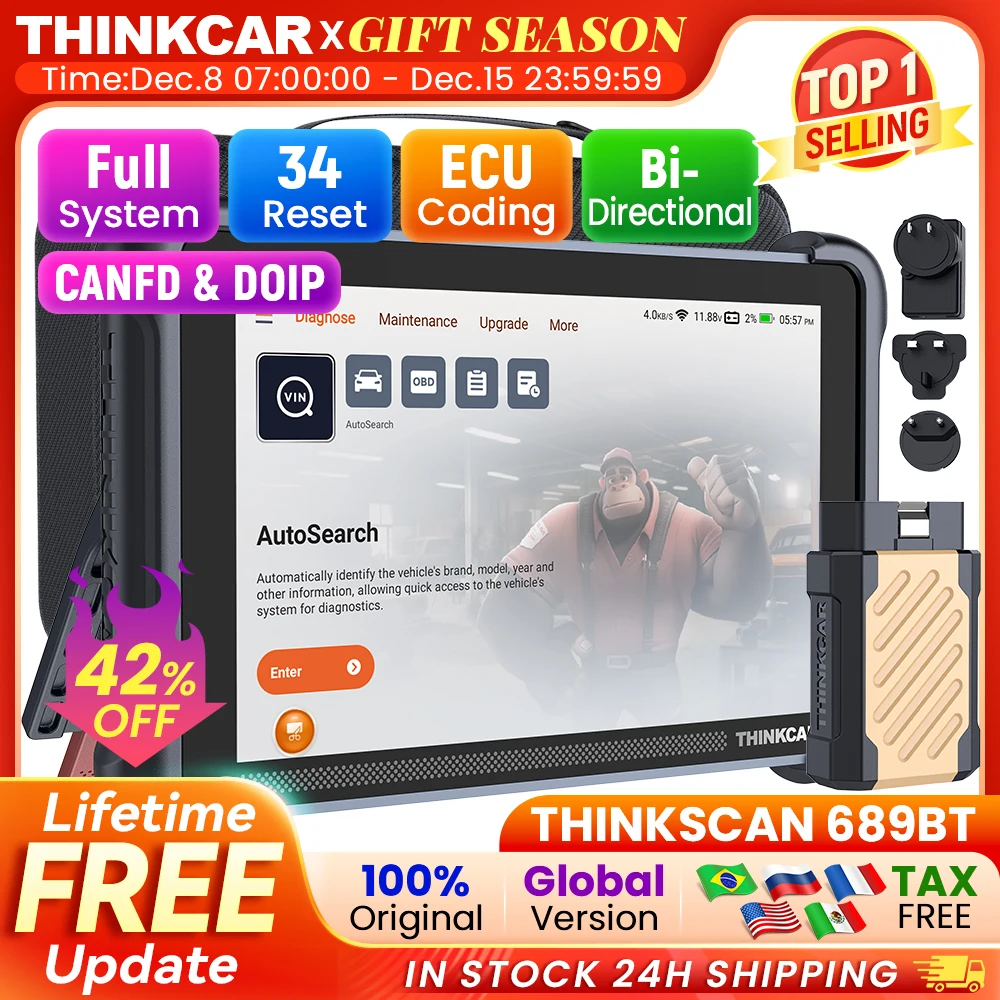 THINKCAR THINKSCAN 689 Car Diagnostic Tools CANFD DOIP Bi-directional ECU Coding 34 Resets Life Free Obd2 Scanner Key Programing