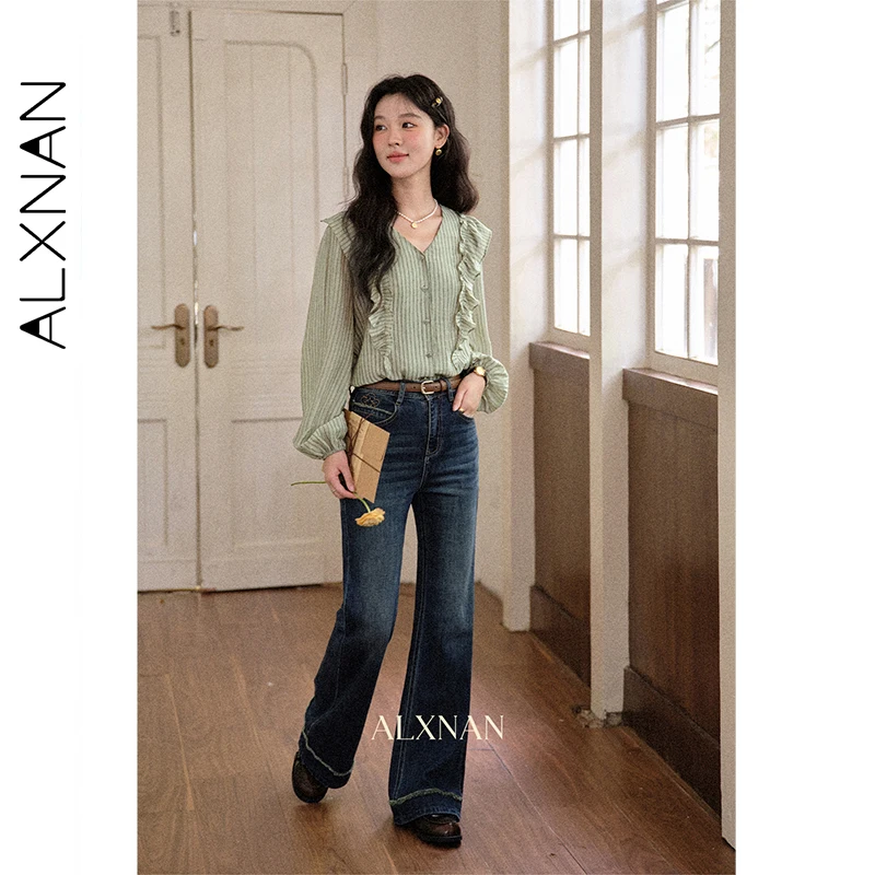 

ALXNAN женская полосатая рубашка с длинными рукавами и рюшами на планке с v-образным вырезом и эластичными манжетами в форме сердца на осень L569159