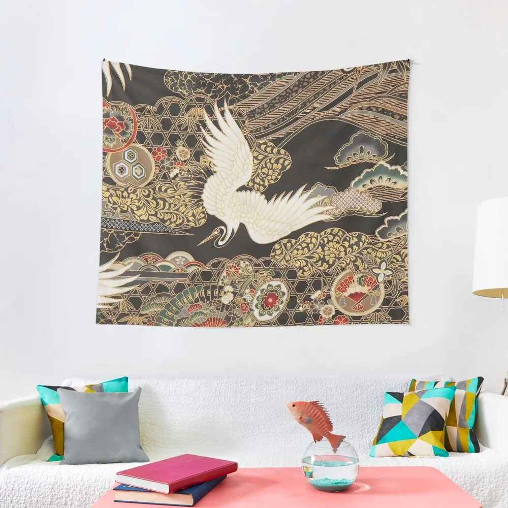 

VintageJapanese Cranes Gold and Black Tapestry Korean Room Decor House Decorations Decoration Wall Tapestry