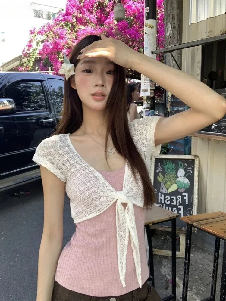 Y2k Aesthetic Two Pieces Set Streetwear Women Cropped Bandage Blouse + Harajuku Solid Sweet Slim Fit Vest Summer Grunge Suit